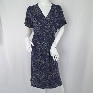 J. Jill Navy Floral Print True Wrap Dress